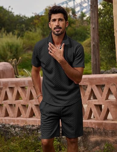 URRU Mens Textured Polo Shirt & Shorts Sets Outfits 2