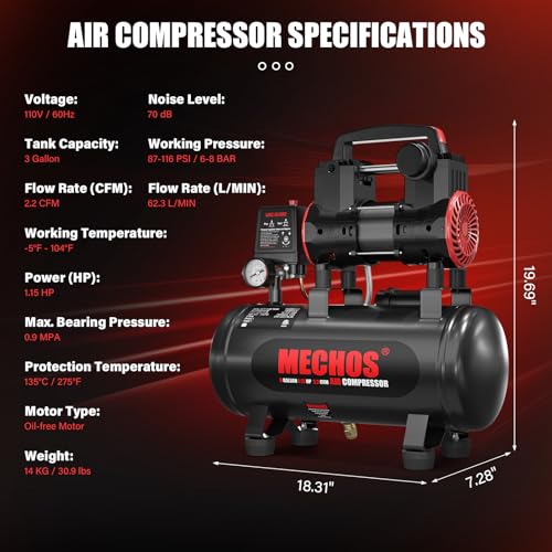 MECHO Portable Air Compressor With 3 Gallon Steel Tank
